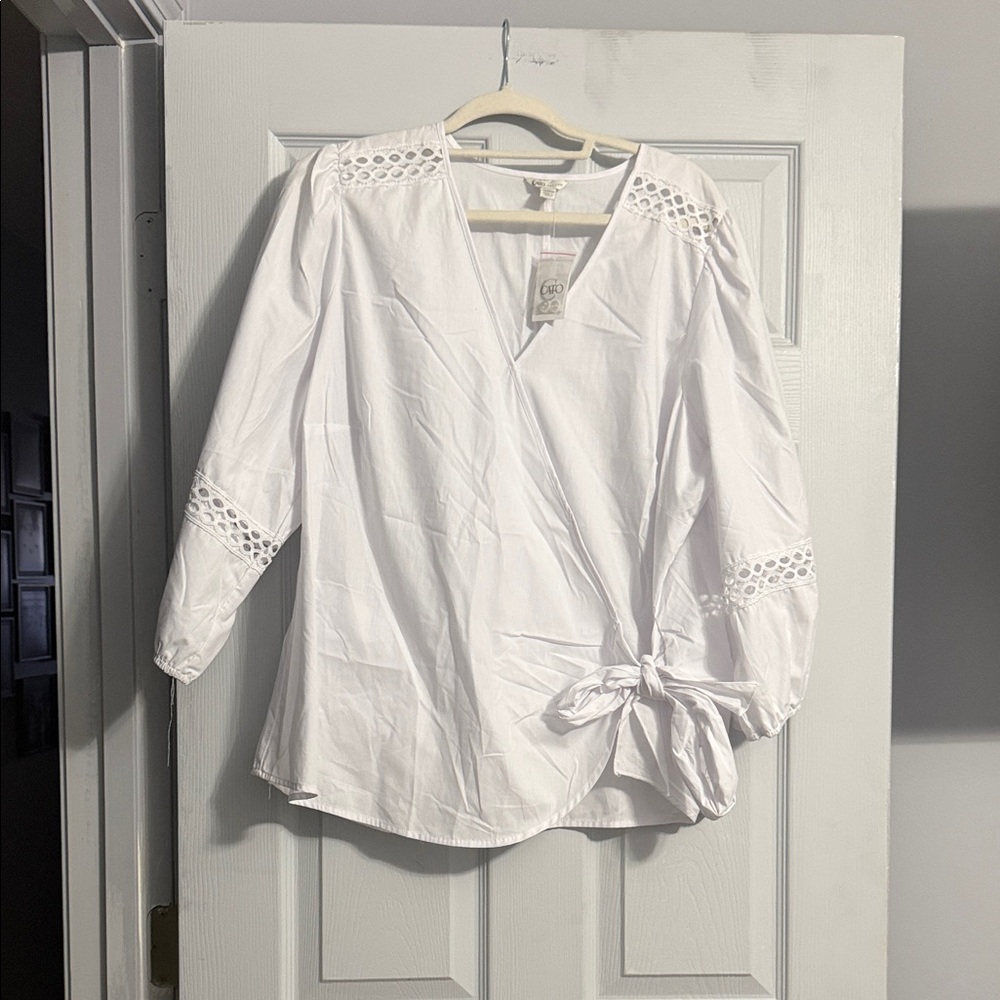 Cato White Wrap-Front Blouse with Eyelet Trim